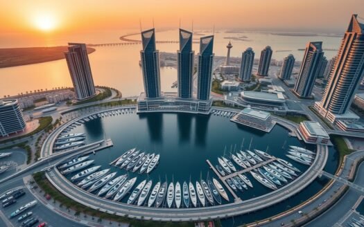 Aerial view of Porto Arabia marina in The Pearl-Qatar