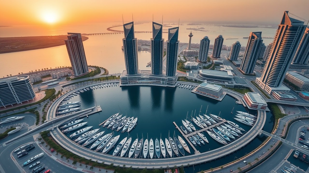 Aerial view of Porto Arabia marina in The Pearl-Qatar