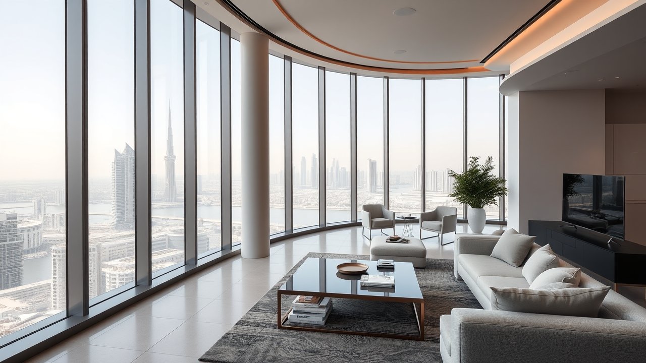 Luxury penthouse interior with Doha West Bay view
