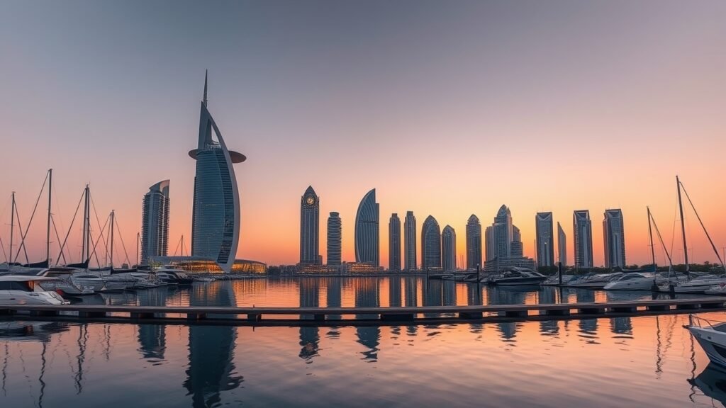 Lusail Marina skyline with Katara Towers at sunset