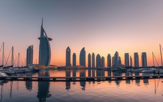 Lusail Marina skyline with Katara Towers at sunset