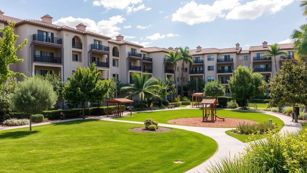 Fox Hills community park and Mediterranean apartments
