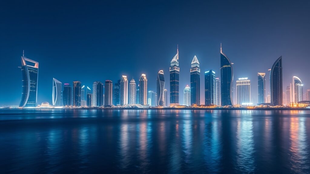 Doha West Bay skyline at night with skyscraper reflections