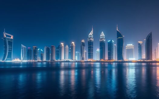 Doha West Bay skyline at night with skyscraper reflections