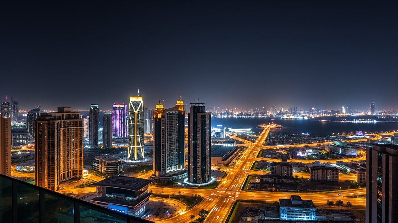 Doha city skyline night view from Msheireb balcony