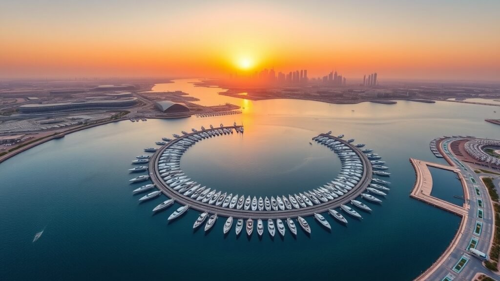 Aerial view of The Pearl-Qatar marina at sunset