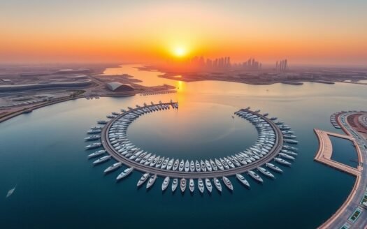 Aerial view of The Pearl-Qatar marina at sunset
