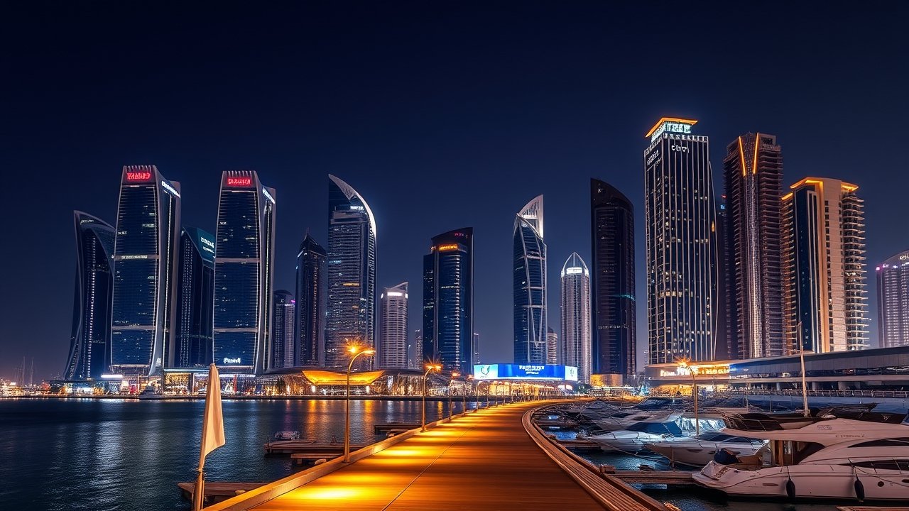 Modern skyscrapers in Lusail Marina District at night