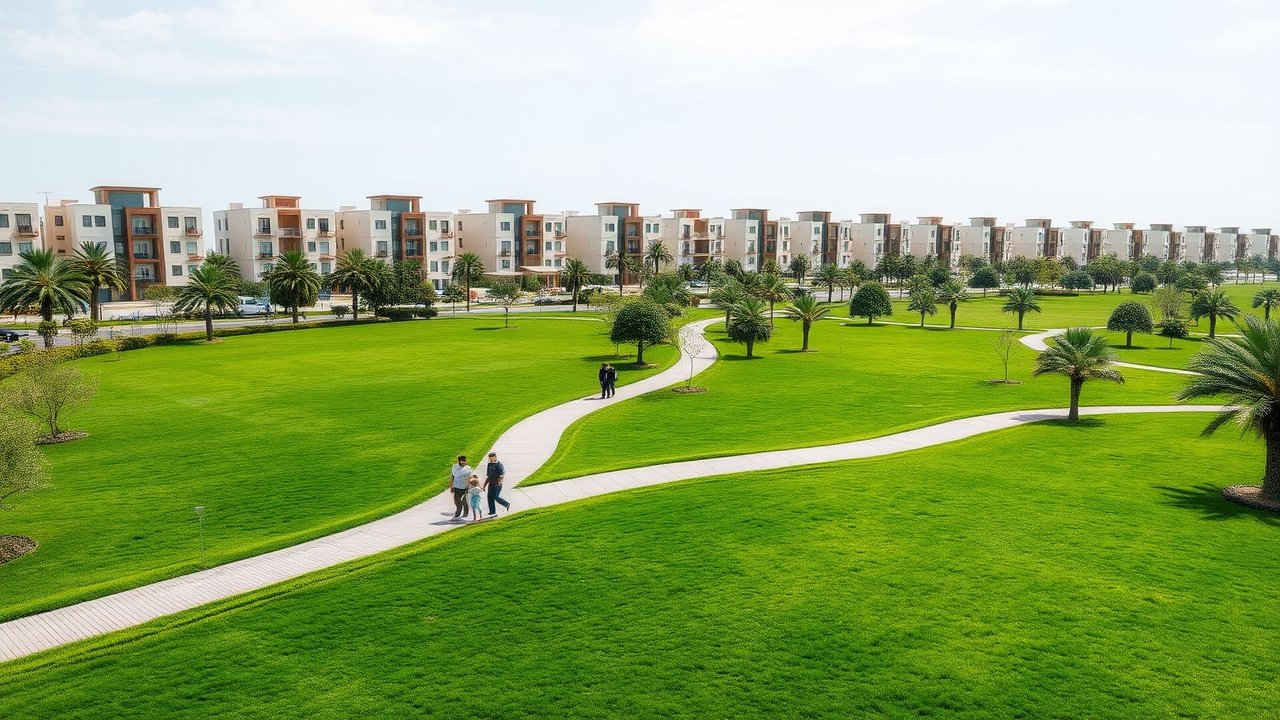 Green park and residential buildings in Fox Hills Lusail