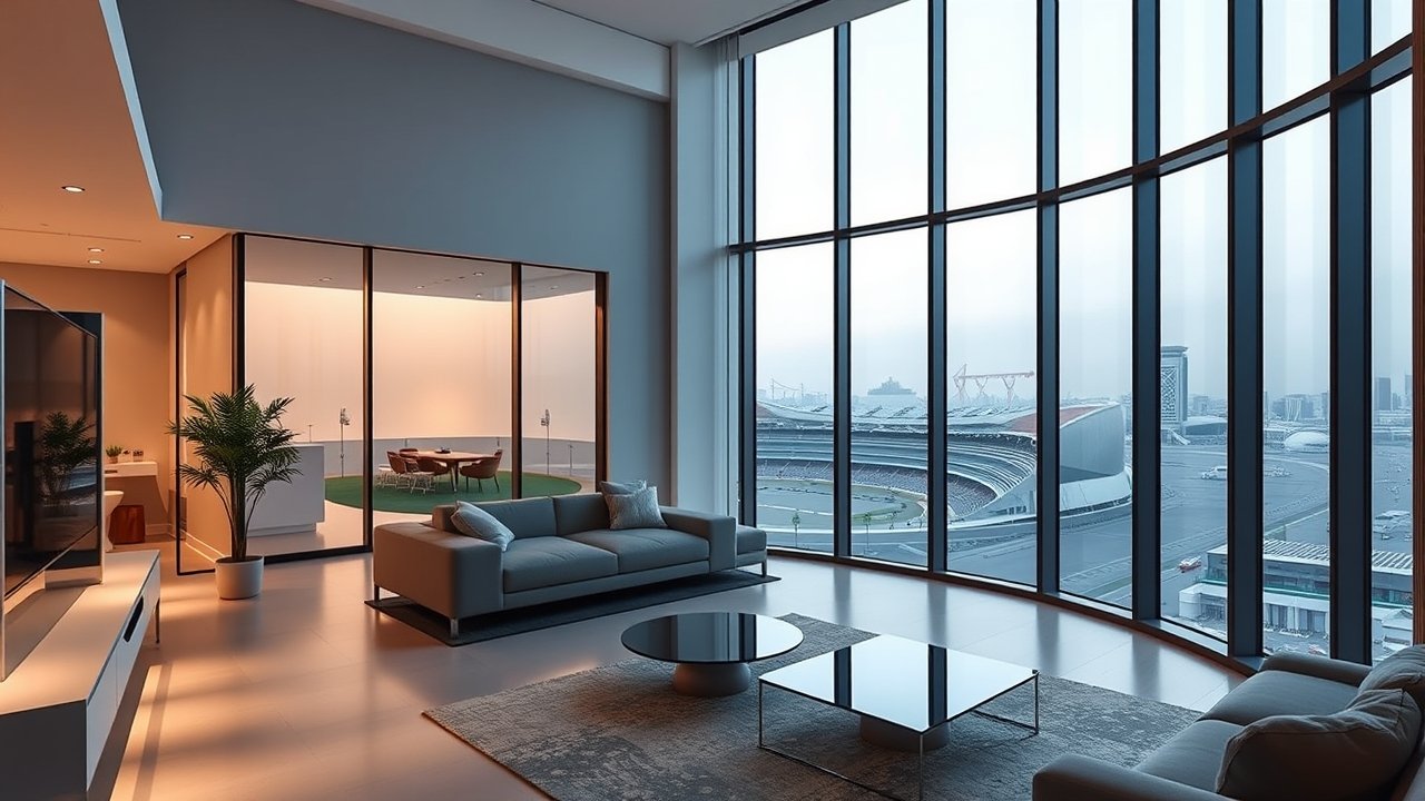 Smart home interior with Lusail city view